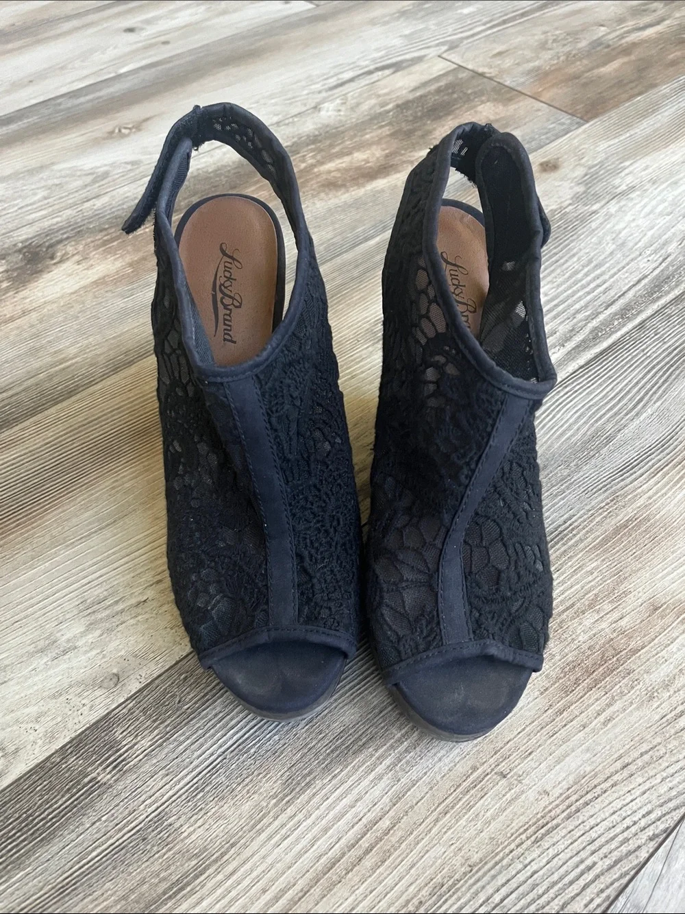 Lucky Brand Black Lace Slingback Wedge Sandals